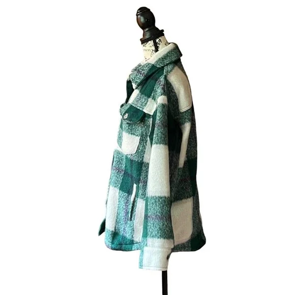 Avec Les Filles sz M green white plaid button up long sleeve Shacket Shirt - Picture 4 of 10